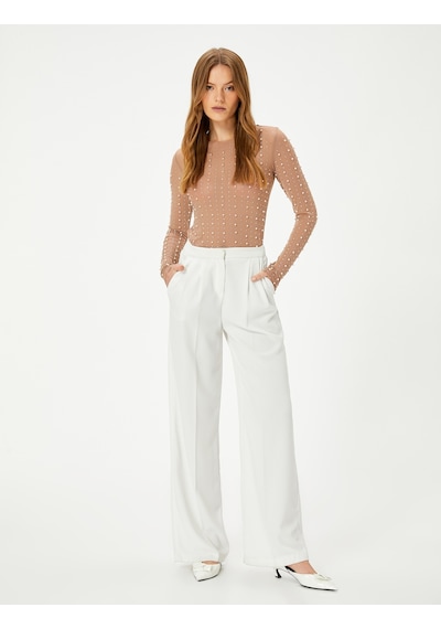 Koton Abiye Buluz Taşlı İnci Detaylı Uzun Kollu Bisiklet Yaka Slim Fit Bej 4sak60032fk