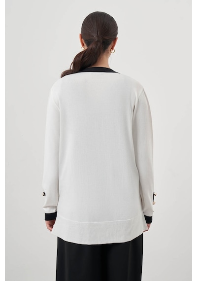 Mizalle Şeritli Rayon Ekru Hırka Ekru