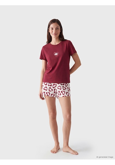 Lcw Young Ekru Bisiklet Yaka Baskılı Kadın Şortlu Pijama Takımı