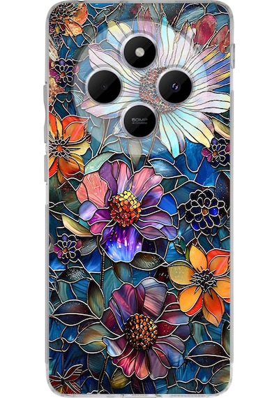 Printify Redmi 14c İle Uyumlu Vitray Mücevher Flora Tasarımlı Şeffaf Silikon Kılıf Şeffaf