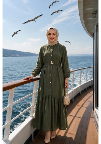 Hb Harma Time Butik Kadın Düğmeli Kemerli Çilek Kumaş Haki Elbise Haki Haki