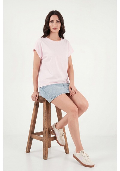 Lela Pamuklu Rahat Kalıp Bisiklet Yaka T Shirt Bayan T Shirt 5866955 Pembe