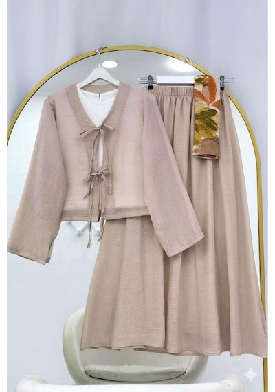 Lovie Moda Müslin Dokulu Bağlamalı Etekli Takım Bej