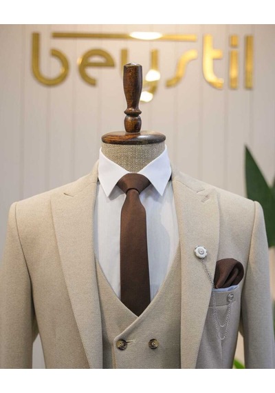Beystil Sivri Yaka Krem Takım Elbise Elanor- Slim Fit Ekru