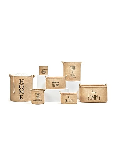 Ocean Home Textile Baskılı Jüt Silindir Sepet //30x31 Aahşap