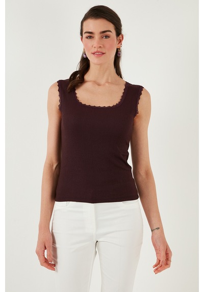Lela Slim Fit Kalın Dantelli Kare Yaka Bürümcük 2'Li Paket Bayan Atlet 5864979S2 Olive-Vişne