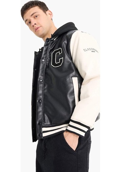 Defacto Regular Fit Kolej Yaka Çıkarılabilir Kapüşonlu Çıtçıtlı Suni Deri Bomber Mont E9972ax25aubk27 Siyah