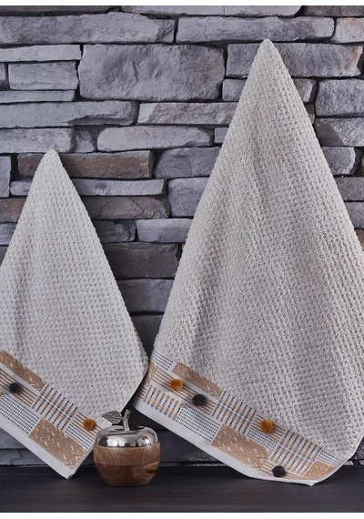Kod-9821 Pamuk Jakarlı 50x90/70x140 Banyo Havlu Seti 2'li - Bej