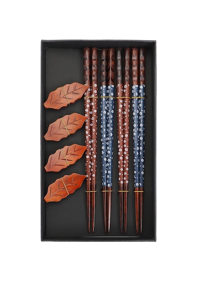 Valkyrie 4 Çift Doğal Ahşap Yemek Çubuğu Seti 8 Adet Japon Chopstick 4 Yaprak Ahşap Tutacak, Kutulu 22,5cm