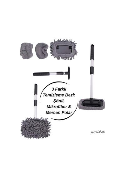 180 Döner Başlıklı Teleskopik Araç Cam Ve Torpido Temizleme Aparatı 3 Farklı Mikrofiber Bezli