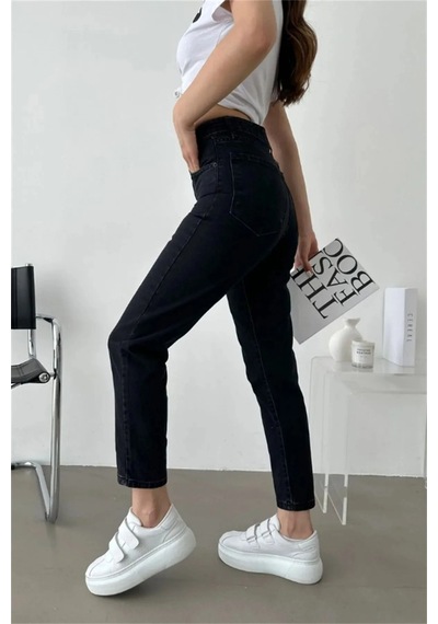 Woddi Çnr Kadın Yüksek Bel Mom Jeans Likralı Esnek Kot Pantolon Yeni Hsn Siyah