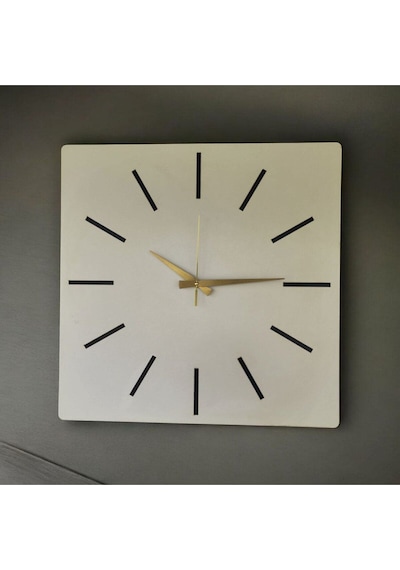 Kare Ahşap Beyaz Renk Sade Sayılı Hediyelik Sessiz Duvar Saati 50cm Beyaz