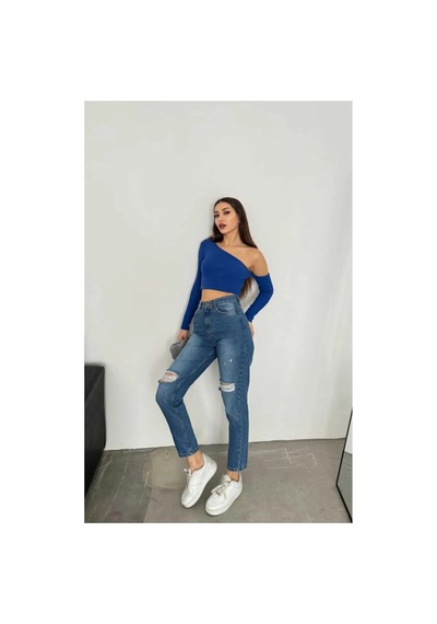 Kene Jeans Yüksek Bel Mavi Çift Diz Lazer Yırtık Mom Jeans Mavi