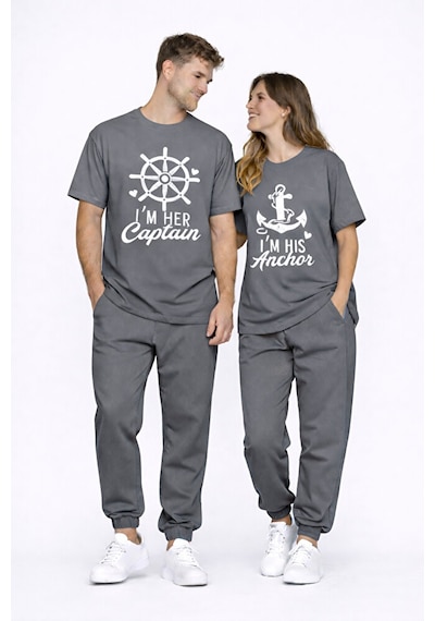 Sevgili Kombini Oversize Çift Tişört Unisex Captain Anchor Baskıl Çok Renkli