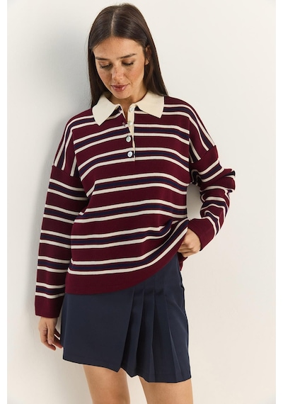 Shade Polo Yaka Çizgili Basic Triko Kazak 20258061 - Bordo