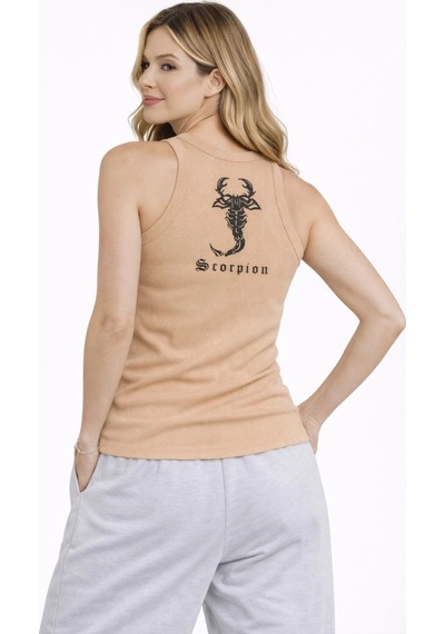 Novalisse Kadın Fitilli Atlet Sıfır Yaka Slim Fit Arka Baskılı Spor Atlet - Bej Çoklu Renk