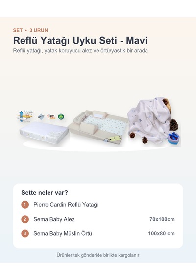 Reflü Yatağı Uyku Seti 3 Parça: Reflü Yatağı + Sema Baby Alez + Sema Baby Müslin Örtü - Mavi