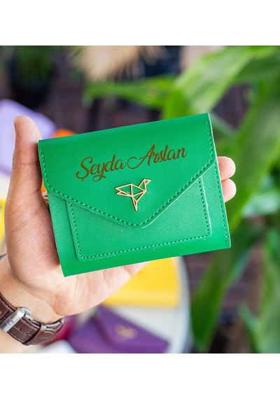Bk Gift Kişiye Özel İsimli Vegan Deri Mini Yeşil Kadın Cüzdanı, Sevgiliye Hediye, Anneye Hediye, Arkadaşa Hediye