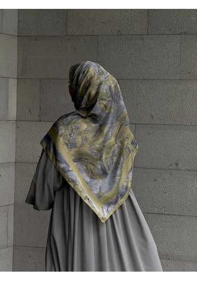 Qalortex Scarf Pamuklu Soft Fırça Desen Eşarp-yağyeşil/gri Yağ Yeşil/gri