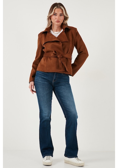 Lela Regular Fit Kruvaze Yaka Kuşaklı Süet Dokulu Bayan Ceket 6839640 Taba
