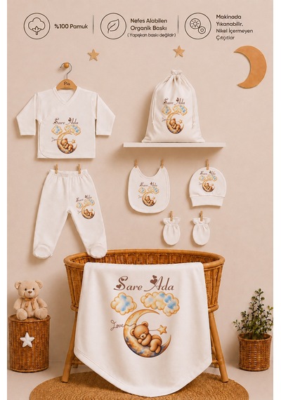 Pia Baby Kişiye Özel %100 Pamuk Kız Bebek Hastane Çıkışı Zıbın Seti 8 Parça Kese Hediyeli 1099zybk3x Krem
