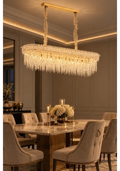 Modern Premıum Sarkıt Avize 24xe14 Gold Dikdörtgen Lüks Salon Yemek Odası Avizesi