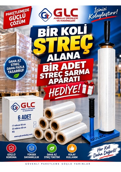 6 Adet 1 Koli 17 Mikron 300mt Palet Streç Film Alımına 1 Adet Streç Sarma Aparatı Hediye