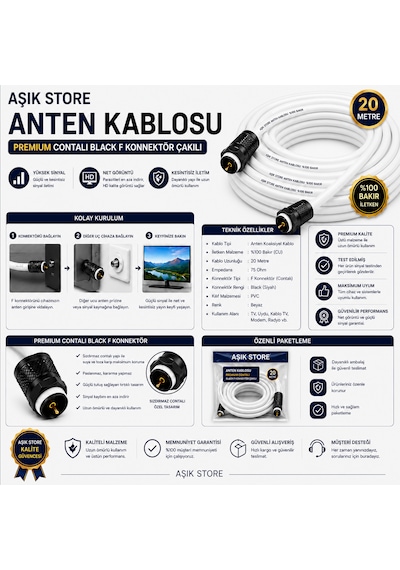 20 Metre Premium Anten Kablosu %100 Bakır İç İletken Contalı Black F Konnektör Çakılı Koaksiyel Tv Uydu Kablosu