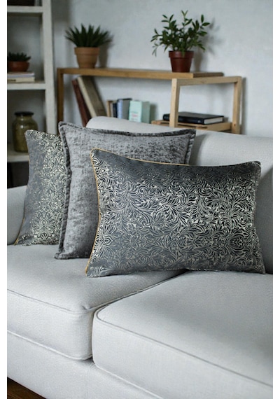 Kırlent Kılıfı Desenli Jakarlı Dokuma Ve İthal Kadife Kumaş Seti 45x45 Ve 35x50 Çift Taraflı Biyeli Füme
