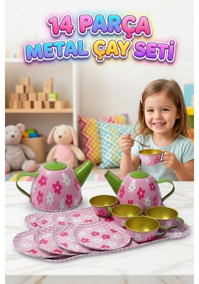 Metal Çiçek Desenli Çay Setim 14 Parça 4 Kişilik Fincanlı Metal Eğlenceli Oyuncak Evcilik Seti