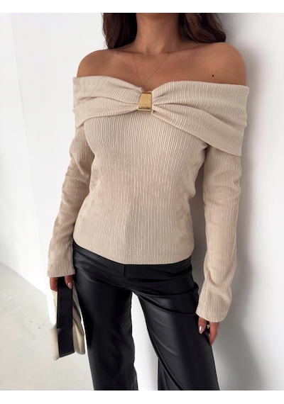 Noa & Noa Kadın Omuz Açık Toka Detaylı Bluz Burgundy Charm Bej