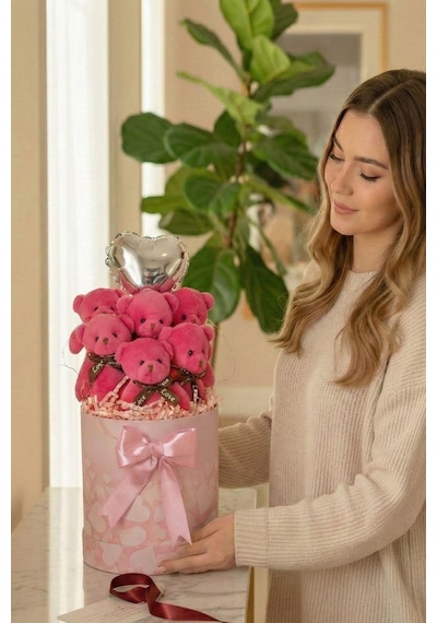 Premium Silindir Kalpli Pembe Kutusunda, Kalpli Balonlu 6 Lı Fuşya Ayıcık Buketi, Sevdiğine Hediye