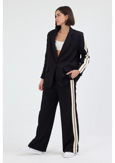 Diemmood Kadın Yan Şerit Detaylı Oversize Blazer Ceket & Palazzo Siyah Takım
