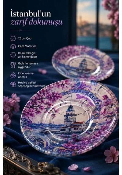6 Lı Cam Çay Tabağı Kız Kulesi Ve Sakura Desenli 12 Cm, 6 Adet Çay Tabak Pembe