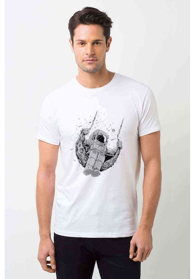 Astronot Ay Salıncak Baskılı Beyaz Erkek Tshirt (530983863)