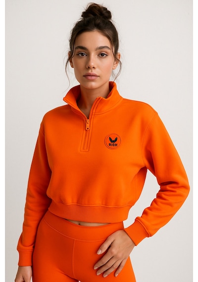 Kadın Oranj Yarım Fermuarlı Beli Lastikli Crop Sweatshirt Turuncu