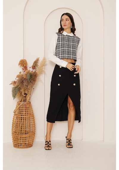 Darlin Moda Siyah Büyük Düğmeli Önden Yırtmaçlı Tweed Etek Dm2030 Siyah