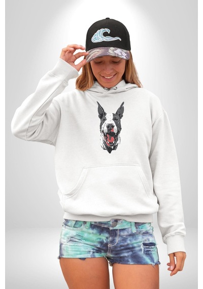 Doberman Kırmızı Dil Siyah Dik Kulak Kadın Erkek Beyaz Kapüşonlu Sweatshirt Hoodie Beyaz