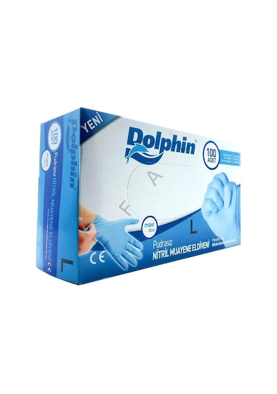 Dolphin Tek Kullanımlık Lateks Mavi Pudrasız Nitril Muayne Eldiveni Large Büyük Boy 100'lü 10 Paket