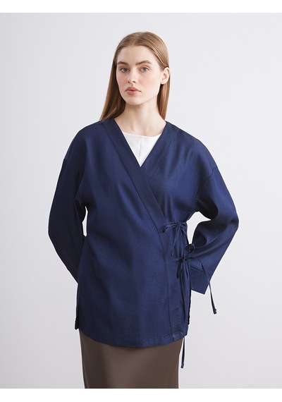 Lcw Modest İndigo Kruvaze Yaka Kadın Kimono