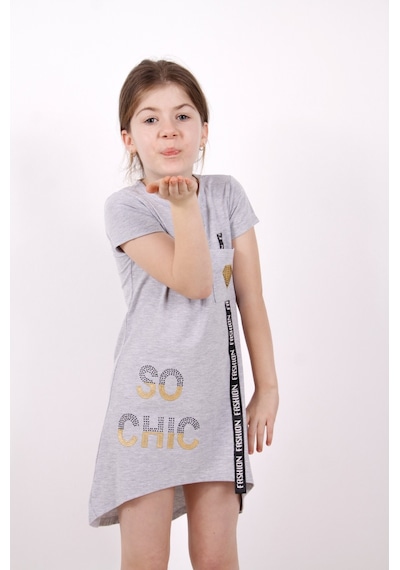 Toontoy Kız Çocuk So Chıc Baskılı Elbise Gri Melanj