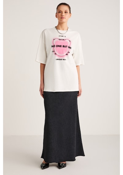 ETHIQUET BUG Kadın %100 Organik Pamuklu Baskı Detaylı Oversize Fit Bol Kesim Kısa Kollu Ekru T-Shirt