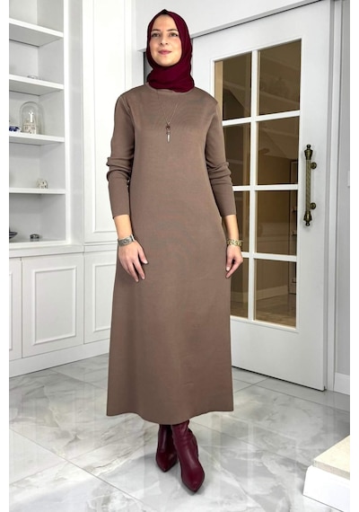 Rabia Şamlı Öykü Çelik Örme Triko Elbise Sütlü Kahve Normal