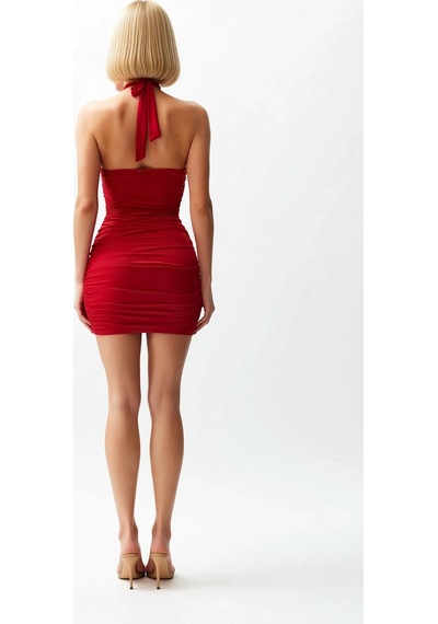 Benerly Kadın Halter Yaka Kolsuz Bodycon Mini Elbise Gül Detaylı Vücuda O Kırmızı