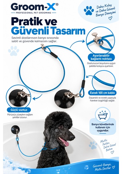 Groom-x Vantuzlu Kedi Köpek Banyo Bağlama Halatı 100 Cm - Banyolar Artık Daha Güvenli
