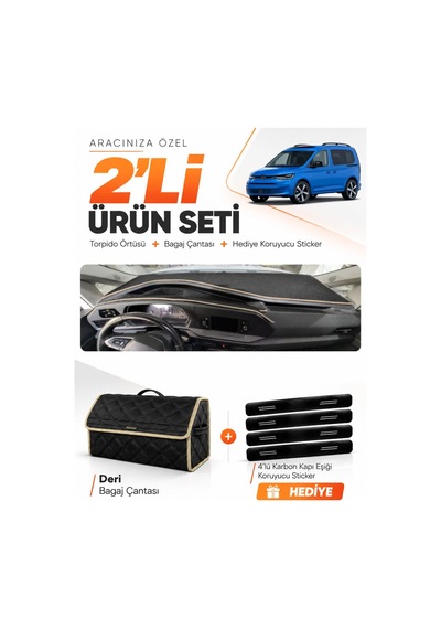 Volkswagen Caddy 2022-2026 Uyumlu Torpido Örtüsü + Deri Bagaj Çantası + Sticker Seti - Siyah Bej