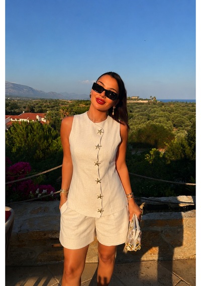 Gigi Wardrobe Marina Yıldız Detaylı Şort Takım Bej Bej
