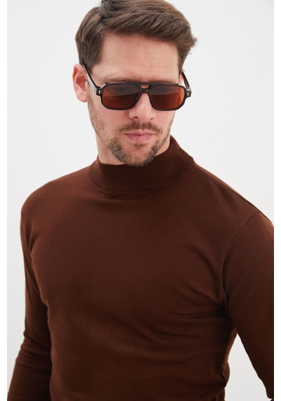 Fullamoda Basic Dik Yaka Regular Fit Triko Kazak Kahve