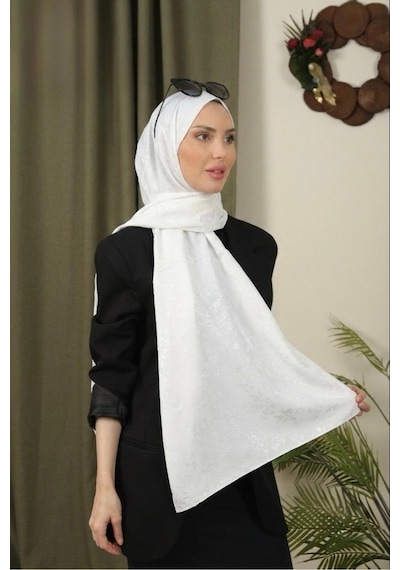 Flora Tekstil Çiçekli Desen İnce Medine İpeği Jakar Şal Krem