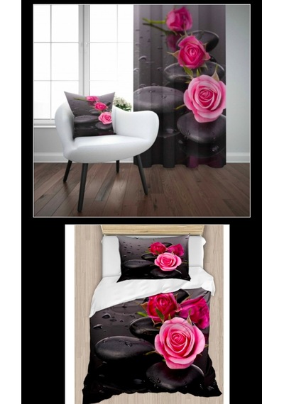 Pinkrose Çift Kişilik 4 Parça Nevresim Takımı 2 Adet Fon Perde Pembe - Siyah